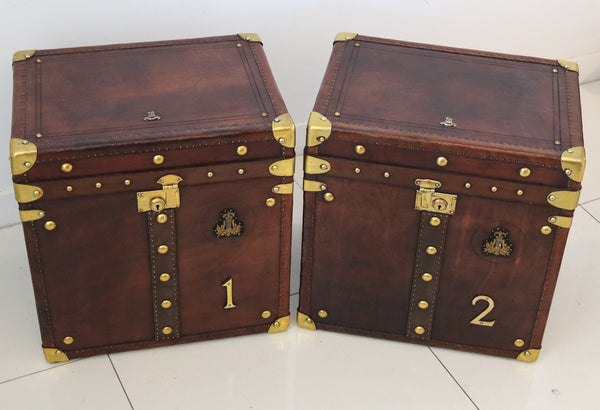 ENGLAND 1900 Victorian Pair Of Army Officer Travel Chests In Leather And Bronze