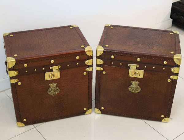 ENGLAND 1890 Victorian Pair Of Army Officer Travel Chests In Crocodile Leather