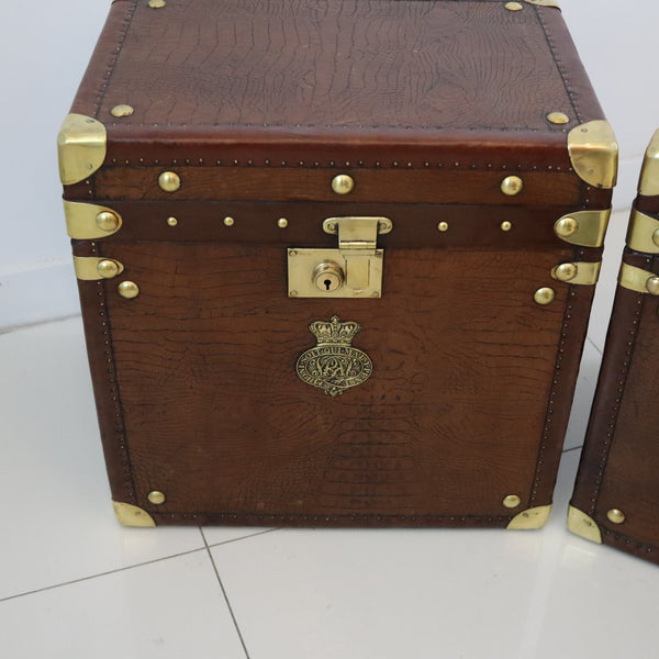 ENGLAND 1890 Victorian Pair Of Army Officer Travel Chests In Crocodile Leather