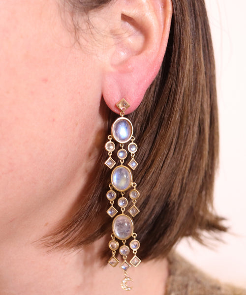 -Temple St Clair Long Dangle Earrings In 18Kt Gold With 28.68 Ctw In Moonstones