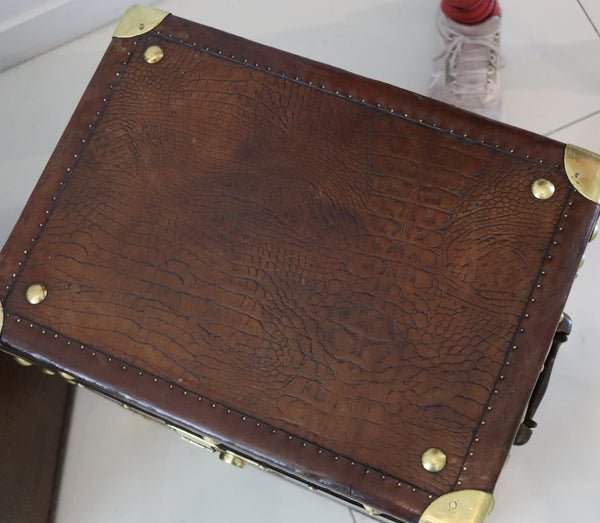ENGLAND 1890 Victorian Pair Of Army Officer Travel Chests In Crocodile Leather