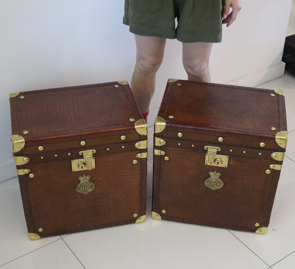 ENGLAND 1890 Victorian Pair Of Army Officer Travel Chests In Crocodile Leather