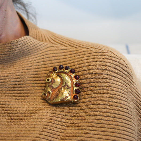 HERMES 1970 Aldo Londi Bronze Brooch Of Horse Head In Glazed & Gilt Ceramic