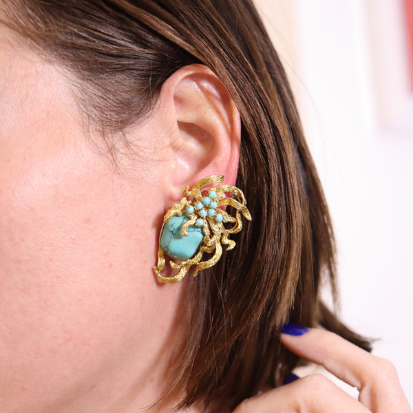-Retro Modern 1960 Italian Free Form Earrings In 18Kt Yellow Gold With Turquoises