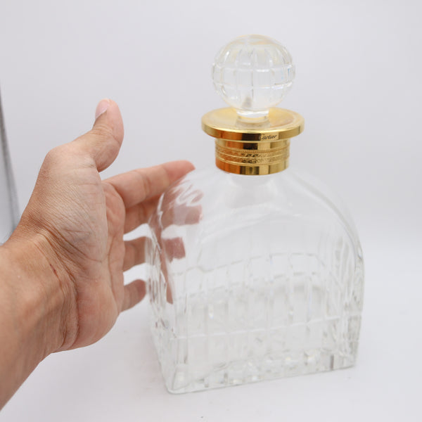 CARTIER France 1980 Hand-Cut Crystal Liquor Bottle With Gilt Gold Collar