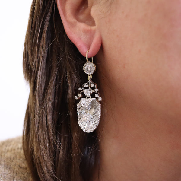 -Georgian 1800 Antique Dangle Earrings In 15Kt Gold With 8.46 Ctw In Diamonds