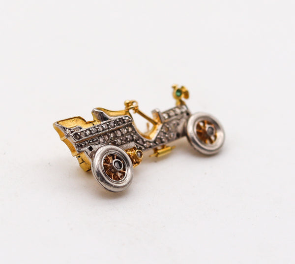 -Art Deco 1925 Antique Car Brooch In 18Kt Gold & Platinum With Diamonds