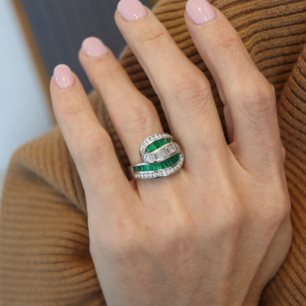 CHARLES KRYPELL Cocktail Ring In Platinum With 3.60 Ctw In Diamonds & Emeralds