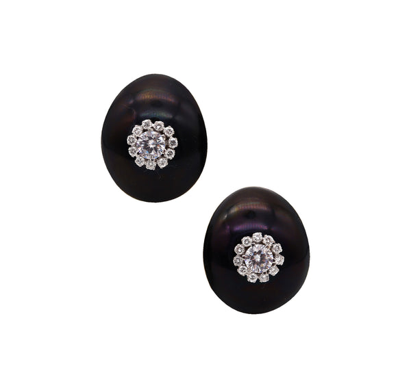 -Modernist Enameled Clips On Earrings In 18Kt Gold With 3.42 Ctw Diamonds And Sapphires