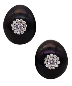 -Modernist Enameled Clips On Earrings In 18Kt Gold With 3.42 Ctw Diamonds And Sapphires