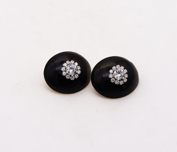 -Modernist Enameled Clips On Earrings In 18Kt Gold With 3.42 Ctw Diamonds And Sapphires