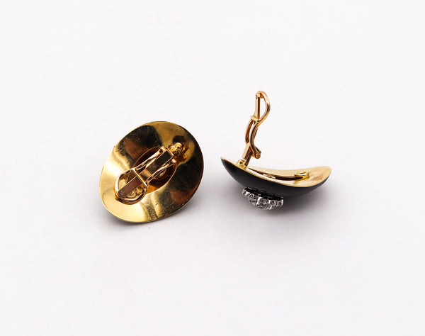 -Modernist Enameled Clips On Earrings In 18Kt Gold With 3.42 Ctw Diamonds And Sapphires