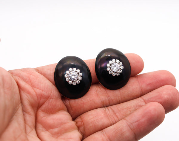 -Modernist Enameled Clips On Earrings In 18Kt Gold With 3.42 Ctw Diamonds And Sapphires