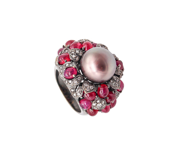 MIKIMOTO Tahitian Pearl Cocktail Ring In 18Kt Gold With 9.33 Ctw Rubies & Diamonds