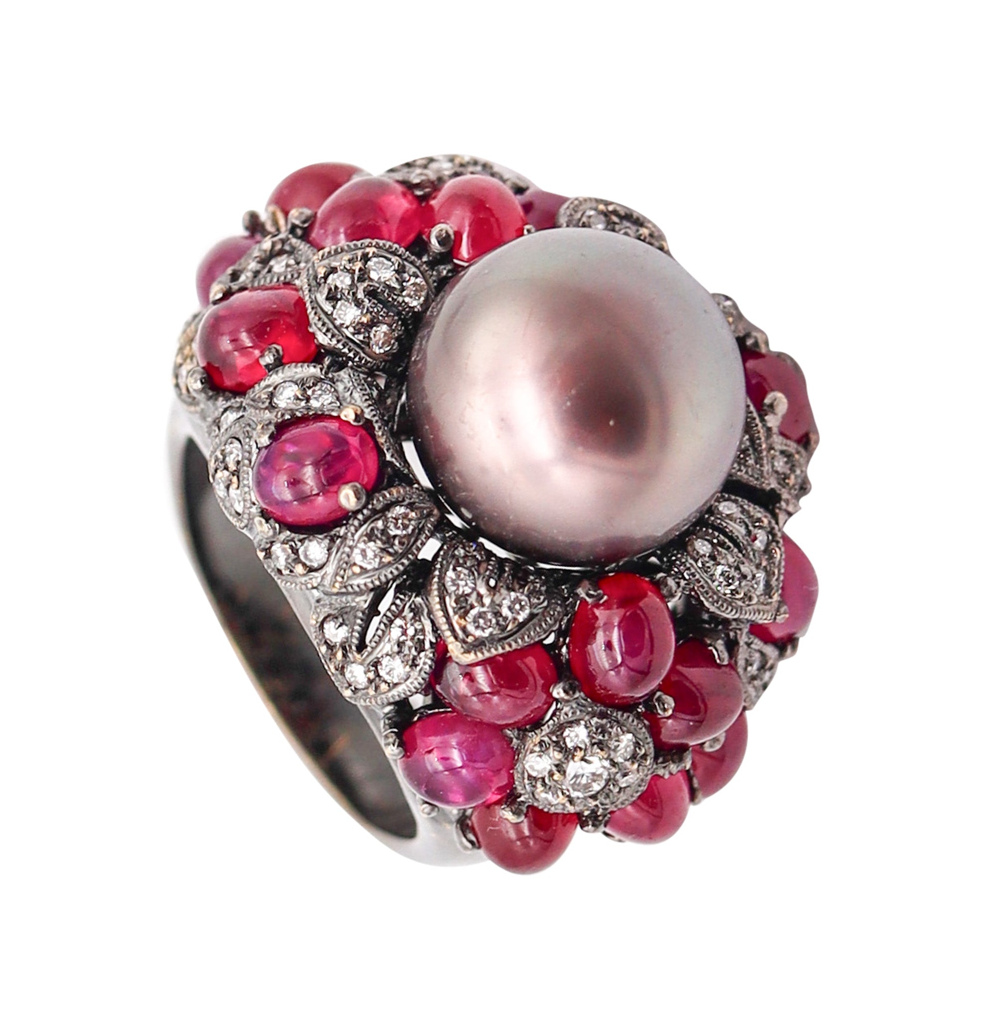 MIKIMOTO Tahitian Pearl Cocktail Ring In 18Kt Gold With 9.33 Ctw Rubies & Diamonds