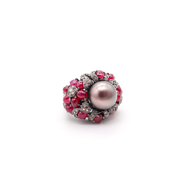 MIKIMOTO Tahitian Pearl Cocktail Ring In 18Kt Gold With 9.33 Ctw Rubies & Diamonds