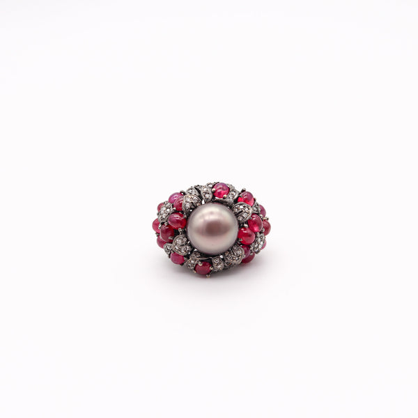 MIKIMOTO Tahitian Pearl Cocktail Ring In 18Kt Gold With 9.33 Ctw Rubies & Diamonds