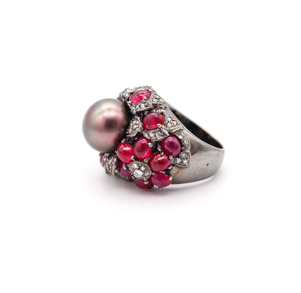 MIKIMOTO Tahitian Pearl Cocktail Ring In 18Kt Gold With 9.33 Ctw Rubies & Diamonds