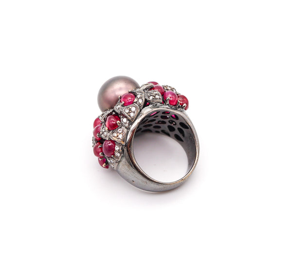 MIKIMOTO Tahitian Pearl Cocktail Ring In 18Kt Gold With 9.33 Ctw Rubies & Diamonds