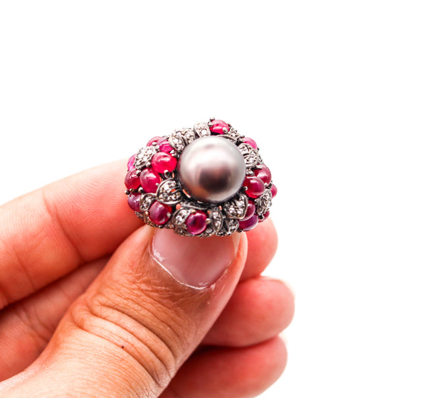 MIKIMOTO Tahitian Pearl Cocktail Ring In 18Kt Gold With 9.33 Ctw Rubies & Diamonds