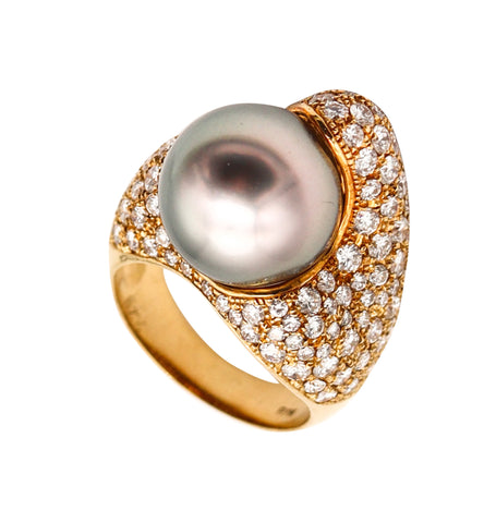 MIKIMOTO Tahitian Pearl Cocktail Ring In 18Kt Yellow Gold With 3.29 Ctw Diamonds