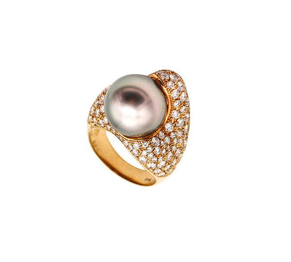 MIKIMOTO Tahitian Pearl Cocktail Ring In 18Kt Yellow Gold With 3.29 Ctw Diamonds