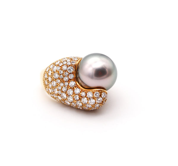 MIKIMOTO Tahitian Pearl Cocktail Ring In 18Kt Yellow Gold With 3.29 Ctw Diamonds