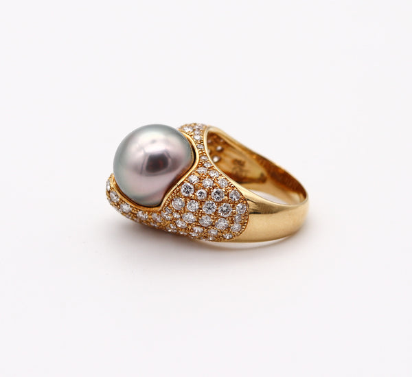 MIKIMOTO Tahitian Pearl Cocktail Ring In 18Kt Yellow Gold With 3.29 Ctw Diamonds