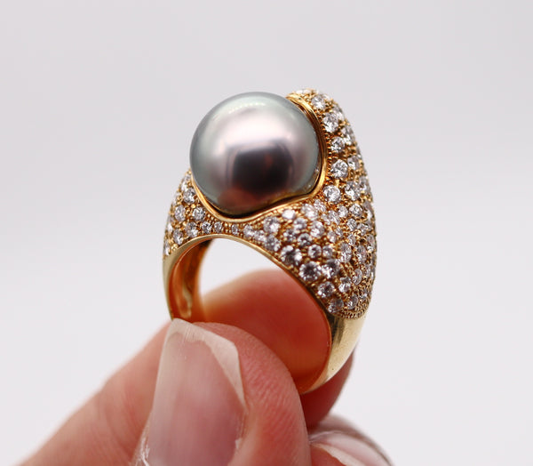 MIKIMOTO Tahitian Pearl Cocktail Ring In 18Kt Yellow Gold With 3.29 Ctw Diamonds