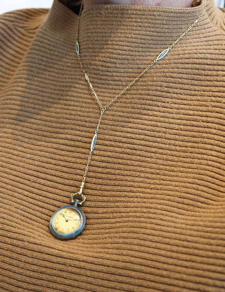 TIFFANY & CO. 1915 Edwardian Guilloche Enameled Clock Necklace In 18Kt Yellow Gold
