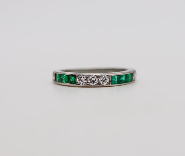 -Art Deco 1930 Half Eternity Ring In Platinum With 1.02 Ctw In Diamonds And Emeralds