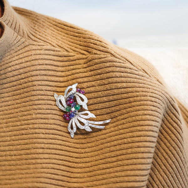 TUTTI FRUTTI 1950 Art-Deco Pendant Brooch In Platinum Diamonds & Gemstones