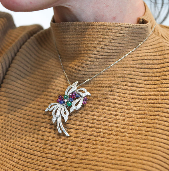 TUTTI FRUTTI 1950 Art-Deco Pendant Brooch In Platinum Diamonds & Gemstones