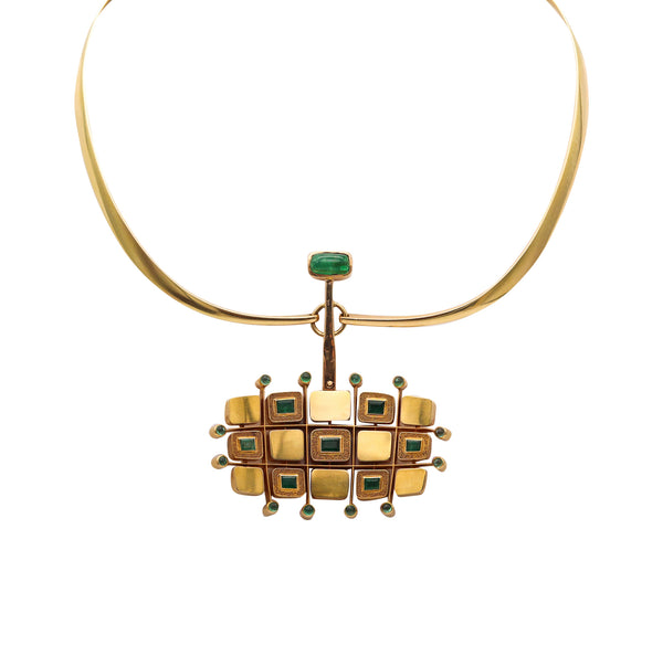 -Denmark 1970 Modernist Geometric Necklace In 18Kt Gold With 9.75 Ctw Emeralds