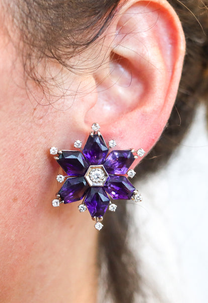 OSCAR HEYMAN 1935 Art-Deco Platinum Clips-Earrings With Amethysts & Diamonds