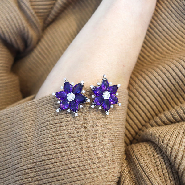 OSCAR HEYMAN 1935 Art-Deco Platinum Clips-Earrings With Amethysts & Diamonds