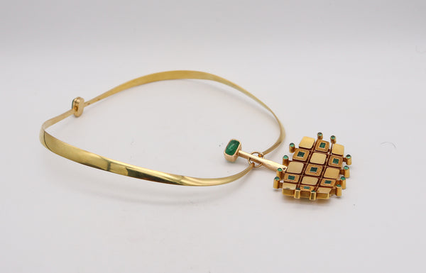 -Denmark 1970 Modernist Geometric Necklace In 18Kt Gold With 9.75 Ctw Emeralds