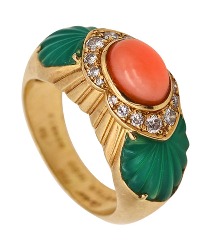 -Cartier Paris Cocktail Ring In 18Kt Gold With 6.02 Ctw Diamonds Coral And Chrysoprase