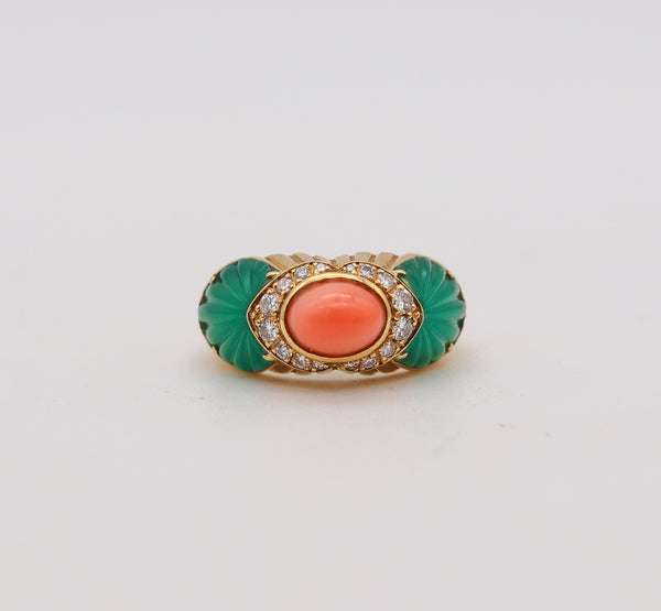 -Cartier Paris Cocktail Ring In 18Kt Gold With 6.02 Ctw Diamonds Coral And Chrysoprase