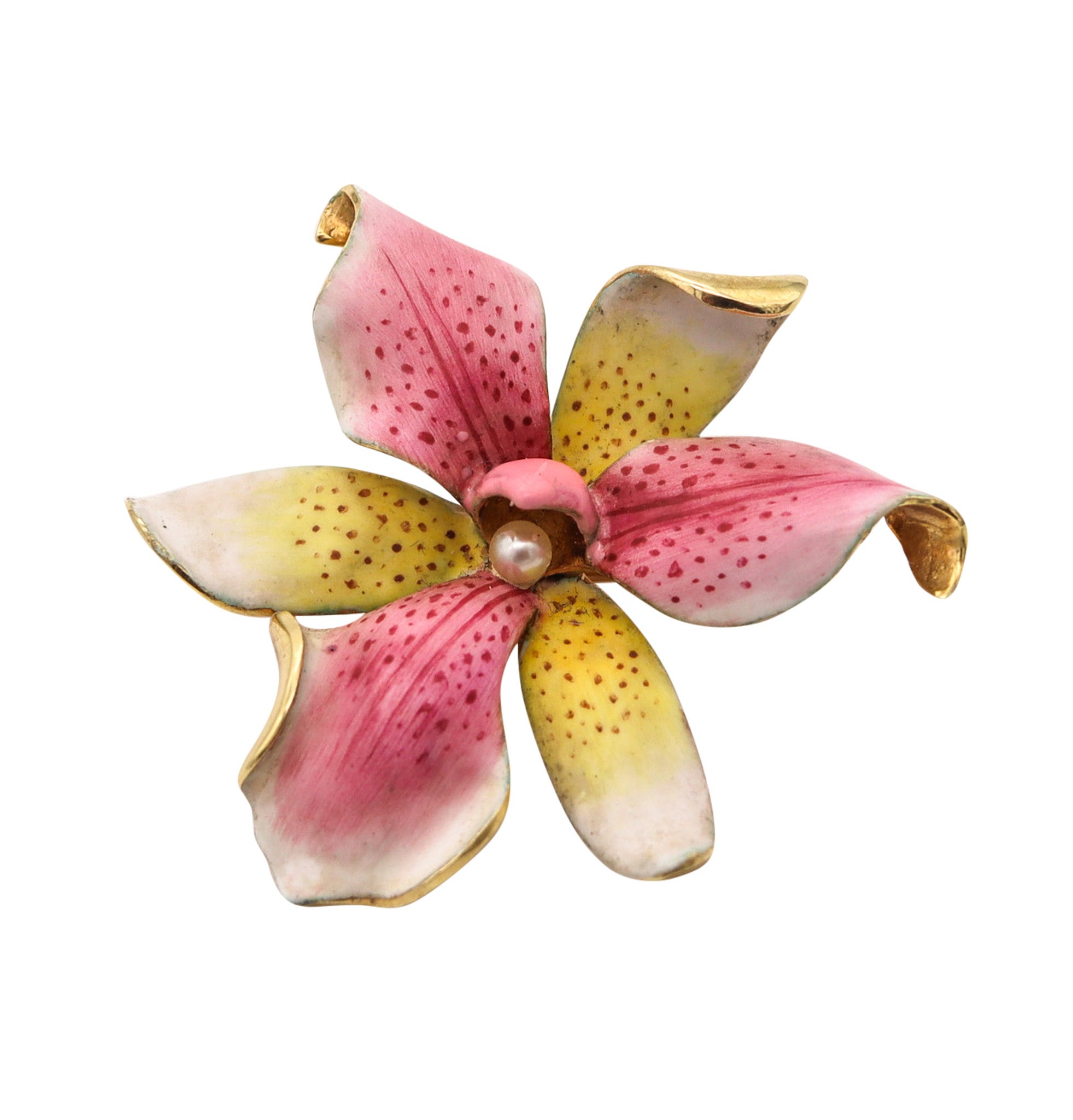 HEDGES & CO. 1910 Art Nouveau Enameled Orchid Pendant Brooch In 14Kt Gold & Pearl