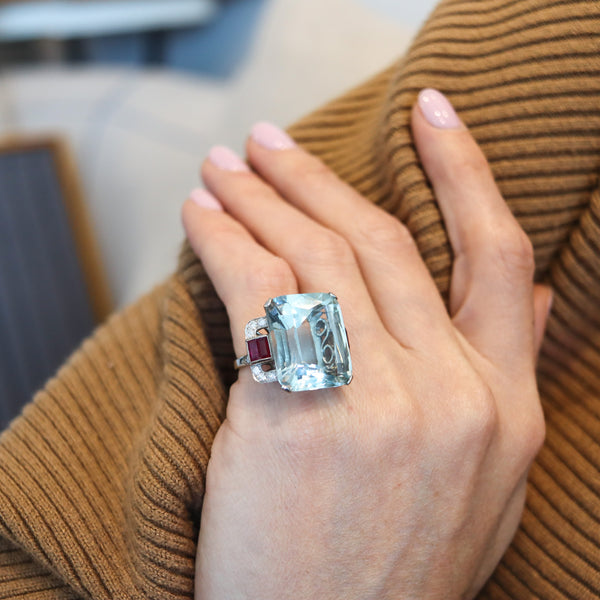ART DECO 1938 Cocktail Ring In Platinum 32.99 Ctw Aquamarine Rubies & Diamonds