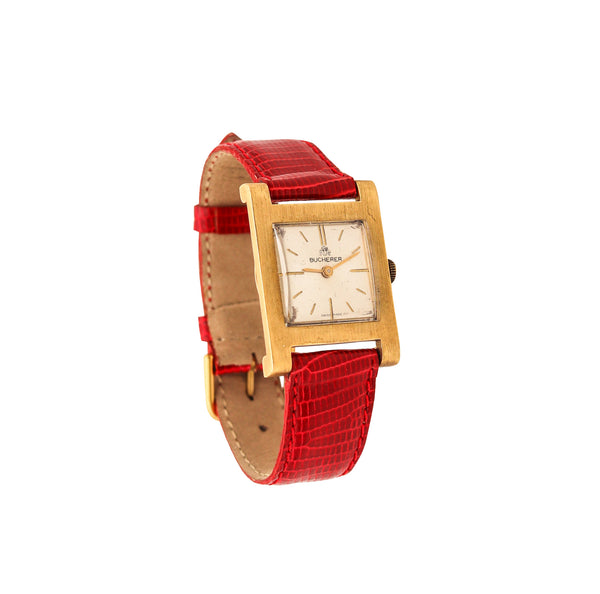 BUCHERER Swiss Wristwatch In 18Kt Yellow Gold With Red Lizard Leather Strap