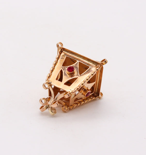 -Italian 1950 Lamp Charm For Bracelet In 14Kt Yellow Gold With Red Garnets