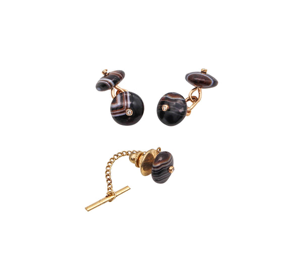 -Victorian 1900 Scottish Agate Antique Set Of Cufflinks In 18Kt Gold And Diamonds