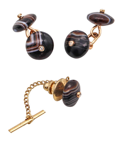 -Victorian 1900 Scottish Agate Antique Set Of Cufflinks In 18Kt Gold And Diamonds