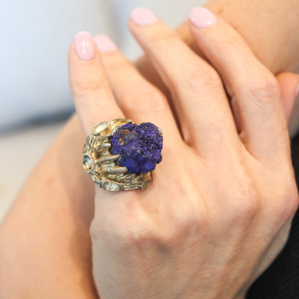REVERIANO CASTILLO 1950 Post war Brutalist Cocktail Ring In .925 Sterling With Blue