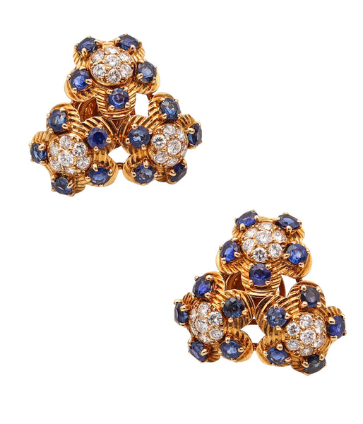 CARTIER 1950 Clips Earrings In  18Kt Gold With 4.26 Ctw In Diamonds & Sapphires