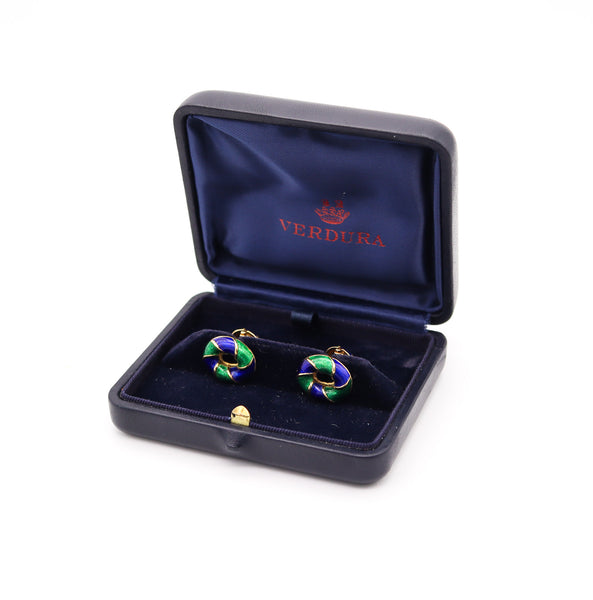 VERDURA Milan Blue & Green Enameled Cufflinks In Solid 18Kt Yellow Gold With Box