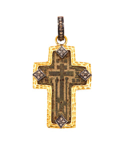 BIZANTINE 1780 Orthodox Cross In Copper 18Kt Vermeil Sterling With Diamonds