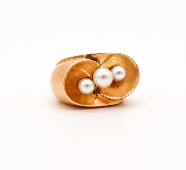 RAYMOND TEMPLIER 1960 Sculptural Ring In 18Kt Yellow Gold With Natural Pearls